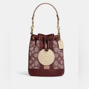 Coach Mini Dempsey Bucket Bag in Signature Jacquard            Gold/Wine Multi
